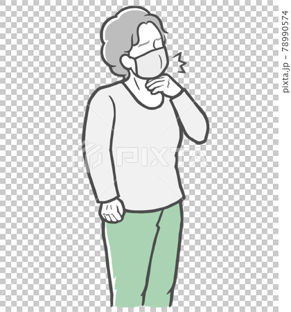 A middle-aged woman wearing long sleeves who feels sore throat while wearing a mask 78990574
