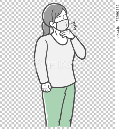 A young woman in long sleeves who feels sore throat while wearing a mask A young woman in long sleeves who feels sore throat while wearing a mask 78990581