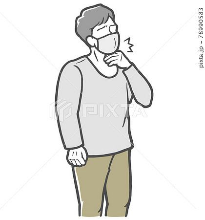 マスクをした状態で、のどの痛みを感じる長袖を着た若い男性 78990583