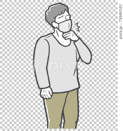 マスクをした状態で、のどの痛みを感じる長袖を着た若い男性 78990583