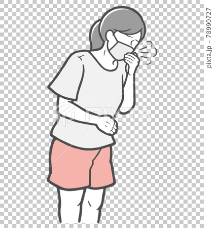 マスクをした状態で、口を手で押さえて咳をする若い女性 78990727