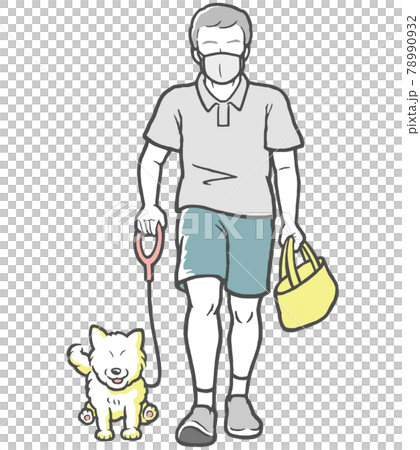 マスクをして犬の散歩をする中年男性 78990932