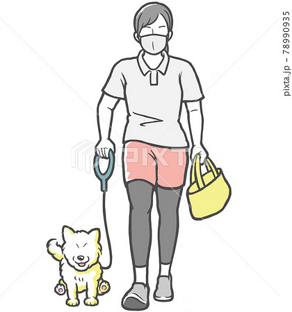 マスクをして犬の散歩をする若い女性のイラスト素材