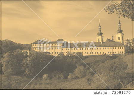 Strahov Monastery on a fall day. Autumn landscape. Monochrome image with a frame. Strahov Monastery on a fall day. Autumn landscape. Monochrome image with a frame. 78991270