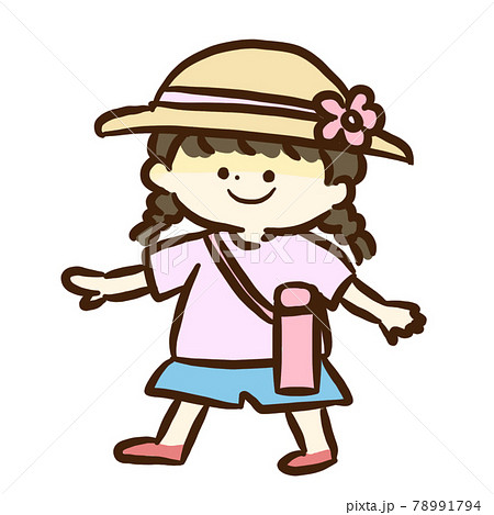 麦わら帽子をかぶり 水筒を持って出かける女の子のイラスト素材