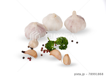 garlic and herbs isolated on white background garlic and herbs isolated on white background 78991868