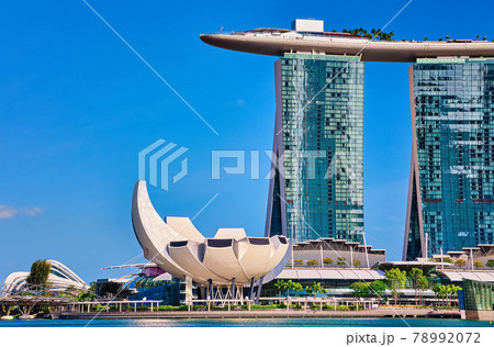 Iconic view of Marina Bay Sands , Shoppes mall, ArtScience museum, Helix bridge in Marina bay on sunny day. Famous landmarks of Singapore city-state.  78992072