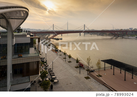 BELGRADE, Serbia - November 23, 2020: Shopping mall named Galerija at Belgrade Waterfront. Luxury area in the city by the Sava river. With amazing view of the river and sunset sky 78993024