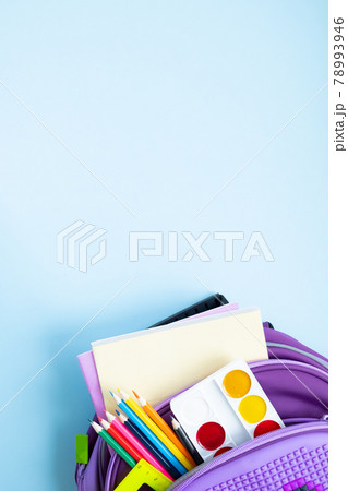Back to school concept. Backpack with school supplies. Top view. Back to school concept. Backpack with school supplies. Top view. 78993946