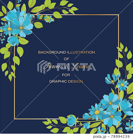 水色の花と植物の装飾フレーム ネイビー ゴールドのイラスト素材