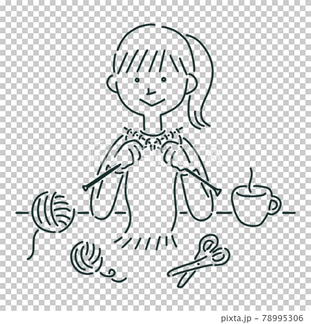 マフラーを編む女の子の線画イラスト 78995306