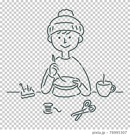 刺繍をする男の子の線画イラスト 78995307