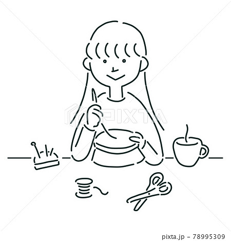 刺繍をする女の子の線画イラスト 78995309