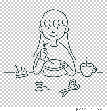 刺繍をする女の子の線画イラスト 78995309