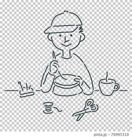 刺繍をする男の子の線画イラスト 78995310