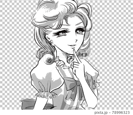 70's shojo manga A lady in a vertical roll and dress who smiles elegantly 78996323