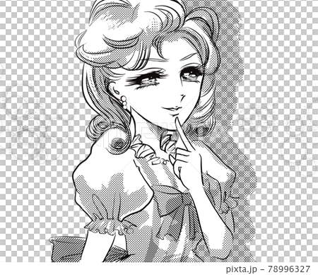 70's shojo manga A lady in a vertical roll and dress who smiles elegantly 78996327