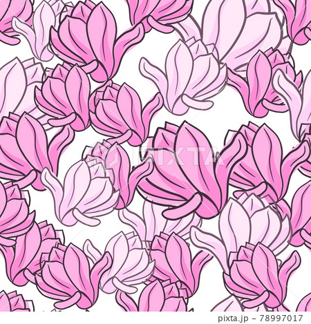 Hand drawn seamless doodle pattern with abstract random pink outline magnolia flowers print. Hand drawn seamless doodle pattern with abstract random pink outline magnolia flowers print. 78997017