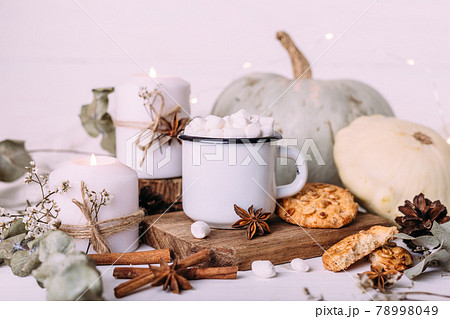 Autumn composition with cocoa with marshmallows, cookies, pumpkin and candles. Autumn composition with cocoa with marshmallows, cookies, pumpkin and candles. 78998049
