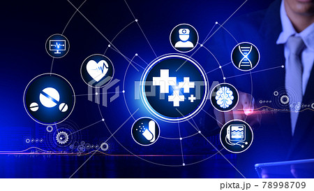 Medical Icon Concept Rotating wheel with icon surrounded by city Center and spoke Concept Medical Icon Concept Rotating wheel with icon surrounded by city Center and spoke Concept 78998709