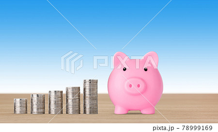 Business investment and saving growth for advertising concept. Stacking coin growing with pink piggy bank on blue background, meaning of growing or saving or earning money Business investment and saving growth for advertising concept. Stacking coin growing with pink piggy bank on blue background, meaning of growing or saving or earning money 78999169