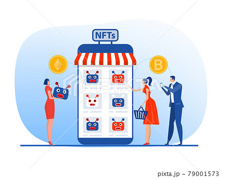 Non fungible token sell and buy art on market place illustration landing page for websites, mobile applications vector 79001573