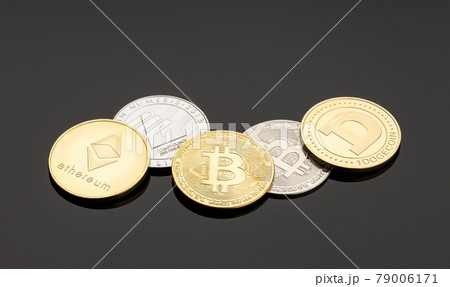 Cryptocurrency coins on dark background. Blockchain money 79006171