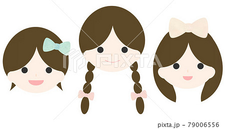 リボンをつけた女の子3人 外ハネショートヘア 三つ編み ミディアムヘアのイラスト素材