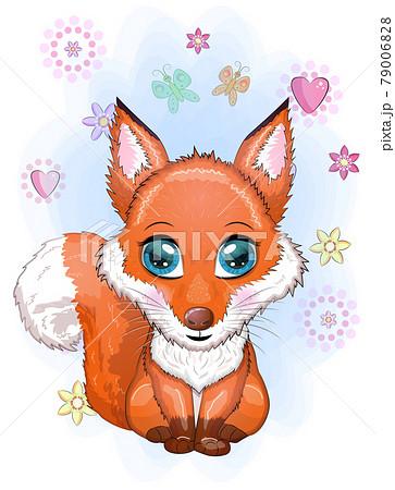 Cute Cartoon Fox with flowers on a white background 79006828