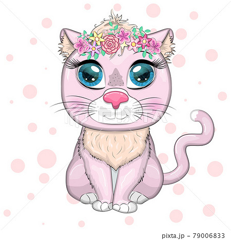 Cute cartoon pink cat, kitten on a background of flowers Cute cartoon pink cat, kitten on a background of flowers 79006833