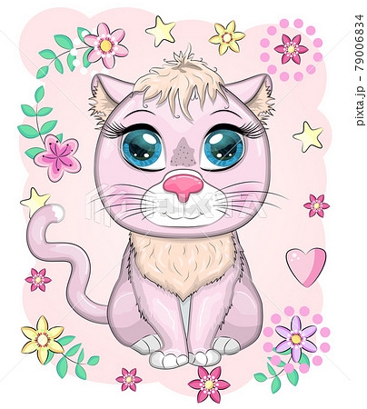Cute cartoon pink cat, kitten on a background of flowers Cute cartoon pink cat, kitten on a background of flowers 79006834