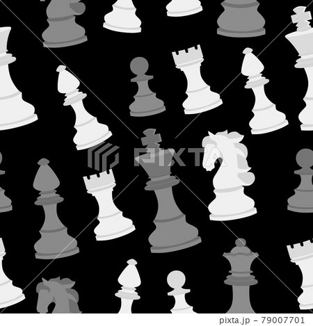 Vector infinite pattern of white chess on a black background. World Chess Day. Banner for the holiday in the chess style. Vector illustration Vector infinite pattern of white chess on a black background. World Chess Day. Banner for the holiday in the chess style. Vector illustration 79007701