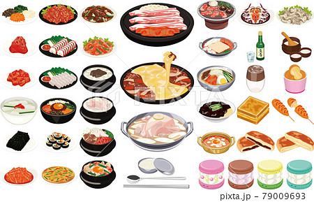 韓国の人気グルメ 料理イラスト 焼肉 チーズダッカルビ ヤンニョムチキン トゥンカロン のイラスト素材