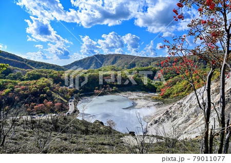 展望台から見おろす晩秋の大湯沼の情景@登別、北海道 展望台から見おろす晩秋の大湯沼の情景@登別、北海道 79011077