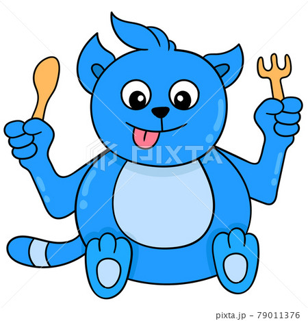Blue Fat Cat Holding Cutlery Waiting For Food のイラスト素材