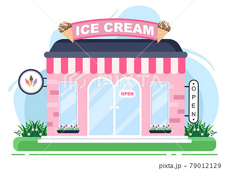 Ice Cream Shop Illustration With Open Board, Tree, And Building Store Exterior. Flat Design Concept 79012129