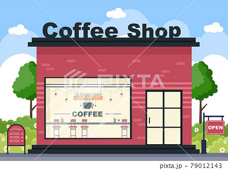 Coffee Shop Illustration With Open Board, Tree, And Building Store Exterior. Flat Design Concept 79012143