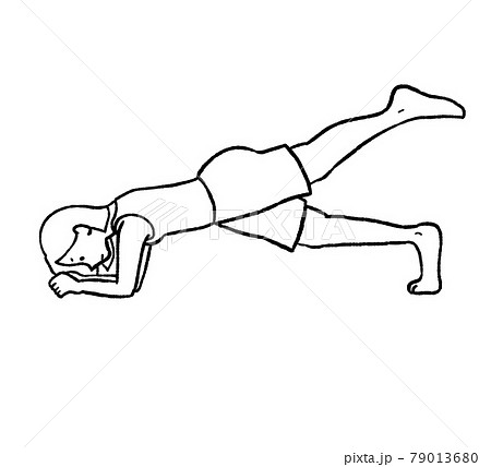 体幹トレーニングの線画イラスト　フロントブリッジの片足上げ 79013680