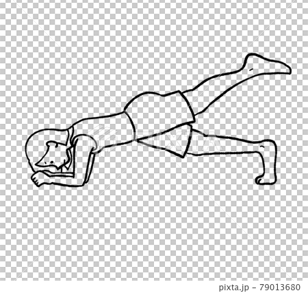 Line drawing illustration of core training, raising one leg of the front bridge 79013680