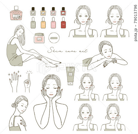 ビューティー　スキンケアする女性のイラストレーションセット 79013796