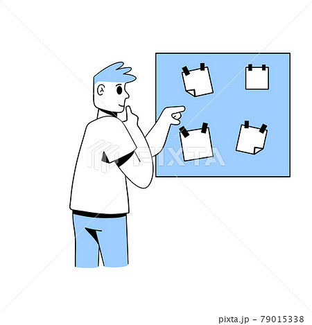 Thoughtful man touches chin. Board with papers. Reminders and stickers. Difficult choice. Planning and design. Trendy outline cartoon male character 79015338