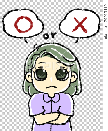 マルかバツか悩む女性イラストのイラスト素材