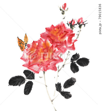 水墨画技法で描かれた薔薇と蝶のイラスト素材 [79015836] - PIXTA