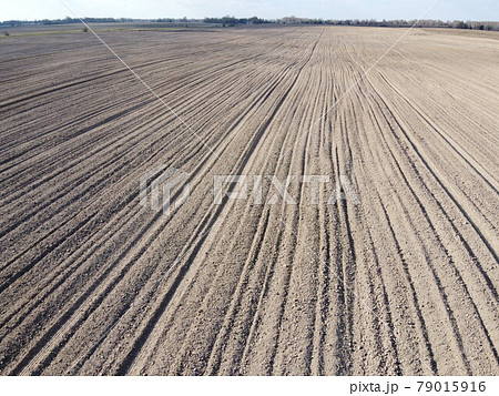 Plowed agricultural field, aerial view. Agricultural land. 79015916