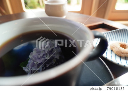 スマートフォンを使用したリフレクションでコーヒーに写る紫陽花（金毘羅茶店)【香川県仲多度郡琴平町】 79016185