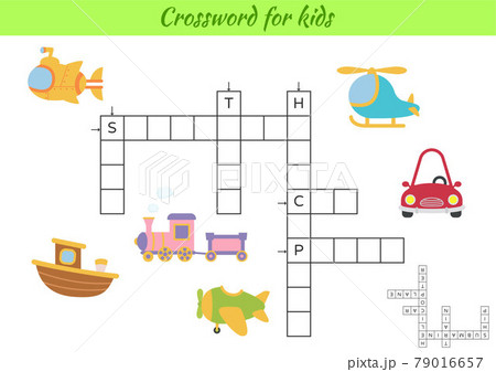 Crossword for kids with pictures of transport. Educational game for study English language and words. Children activity printable worksheet. Includes answers. Vector stock illustration 79016657