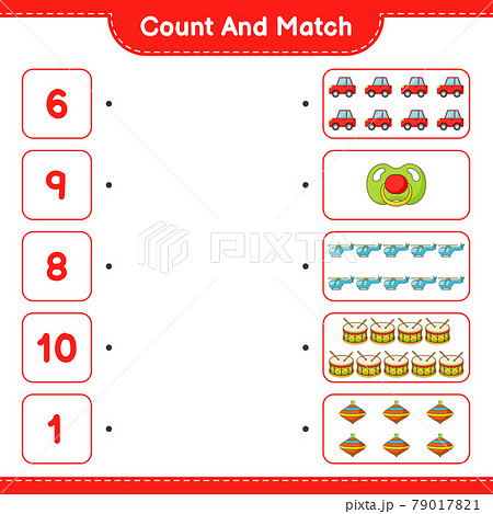 Count and match, count the number of Car, Pacifier, Helicopter, Drum, Whirligig Toy and match with the right numbers. Educational children game, printable worksheet, vector illustration Count and match, count the number of Car, Pacifier, Helicopter, Drum, Whirligig Toy and match with the right numbers. Educational children game, printable worksheet, vector illustration 79017821