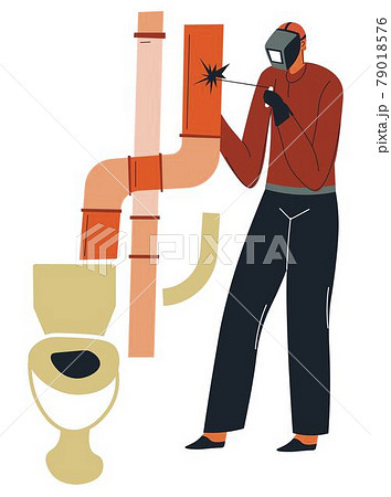 Builder man welding pipe in bathroom of house 79018576
