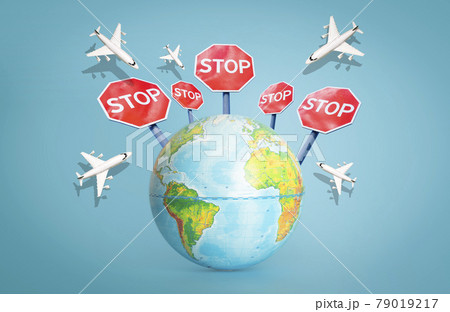 Flight ban and closed borders for tourists and travelers. No-fly zone concept. Airplane in flight with a STOP sign Flight ban and closed borders for tourists and travelers. No-fly zone concept. Airplane in flight with a STOP sign 79019217