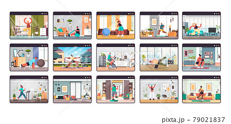 set people in web browser windows working out online training healthy lifestyle home sport concept 79021837